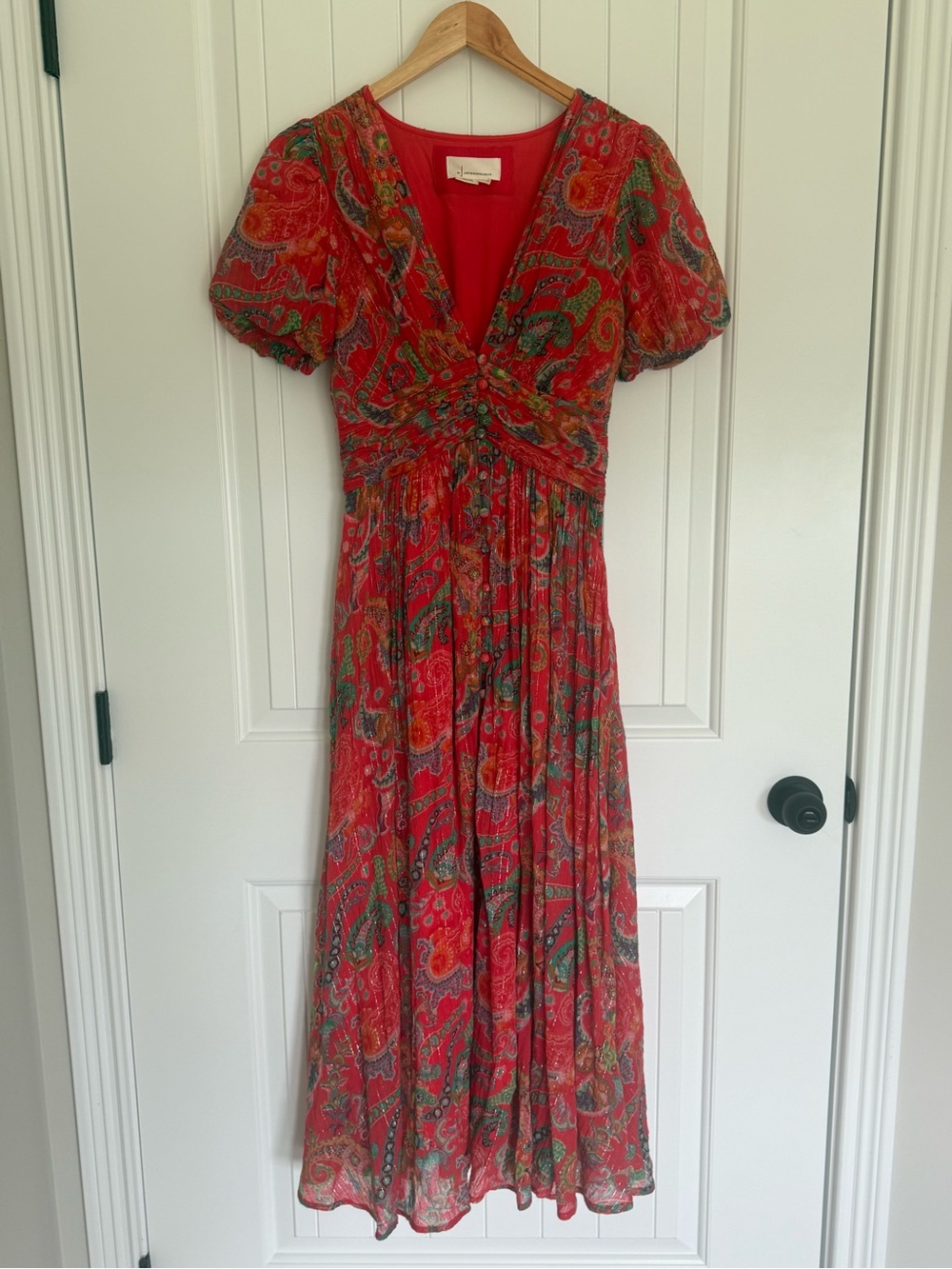 Anthropologie The Katerina Lurex Button Front Midi Dress Red Paisley Shimmer 4 - Picture 2 of 12